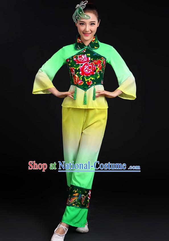 Traditional Chinese Yangge Fan Dancing Costume, Folk Dance Yangko Uniforms, Classic Dance Elegant Dress Drum Dance Peony Green Clothing for Women