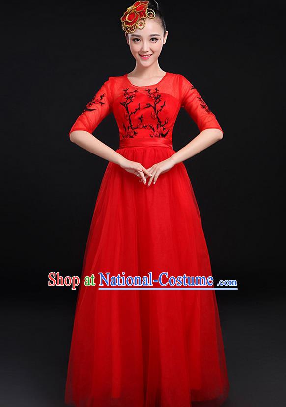 Traditional Chinese Modern Dancing Compere Costume, Women Opening Classic Chorus Singing Group Dance Bubble Uniforms, Modern Dance Embroidered Plum Blossom Long Red Dress for Women