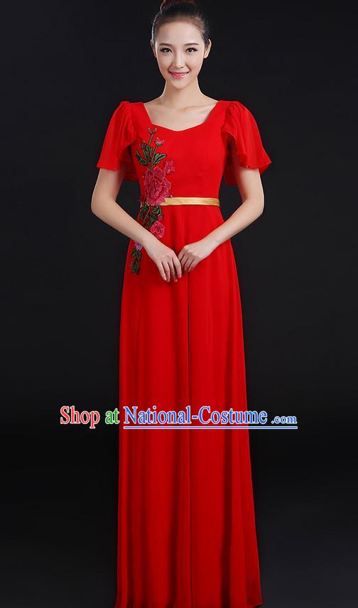 Traditional Chinese Modern Dancing Compere Costume, Women Opening Classic Chorus Singing Group Dance Peony Uniforms, Modern Dance Classic Dance Long Red Dress for Women