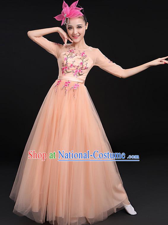 Traditional Chinese Modern Dancing Compere Costume, Women Opening Classic Chorus Singing Group Dance Bubble Uniforms, Modern Dance Embroidered Plum Blossom Long Fleshcolor Dress for Women