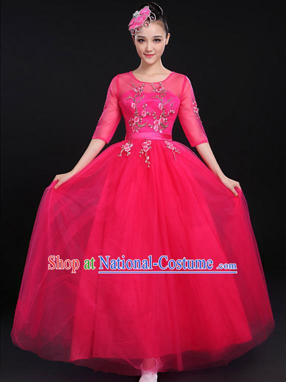 Traditional Chinese Modern Dancing Compere Costume, Women Opening Classic Chorus Singing Group Dance Bubble Uniforms, Modern Dance Embroidered Plum Blossom Long Rose Dress for Women