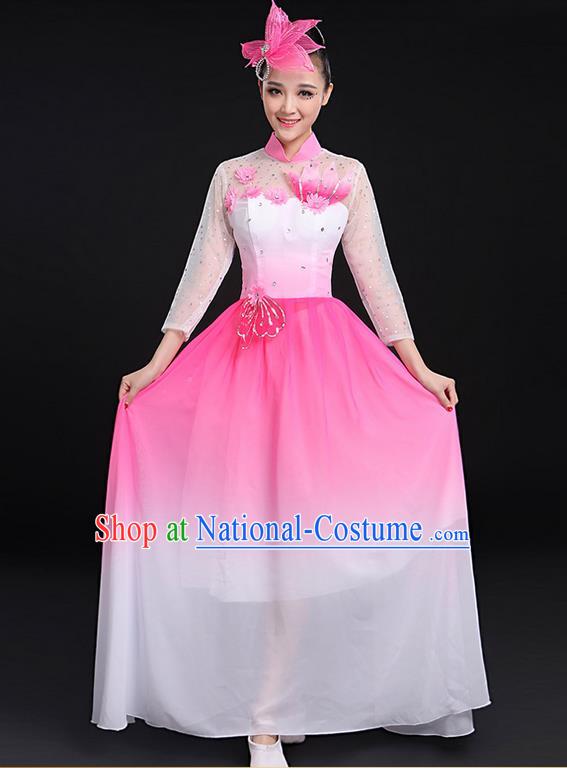 Traditional Chinese Modern Dancing Compere Costume, Women Opening Classic Chorus Singing Group Dance Big Swing Uniforms, Modern Dance Long Pink Flowers Dress for Women