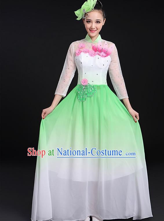 Traditional Chinese Modern Dancing Compere Costume, Women Opening Classic Chorus Singing Group Dance Big Swing Uniforms, Modern Dance Long Green Flowers Dress for Women