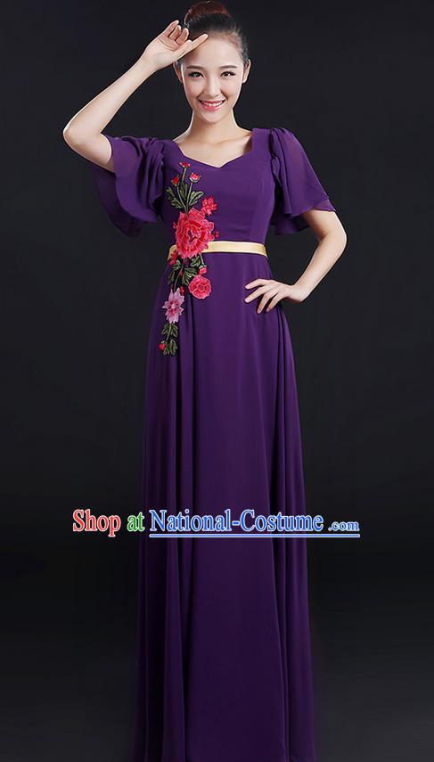 Traditional Chinese Modern Dancing Compere Costume, Women Opening Classic Chorus Singing Group Dance Peony Uniforms, Modern Dance Classic Dance Long Purple Dress for Women