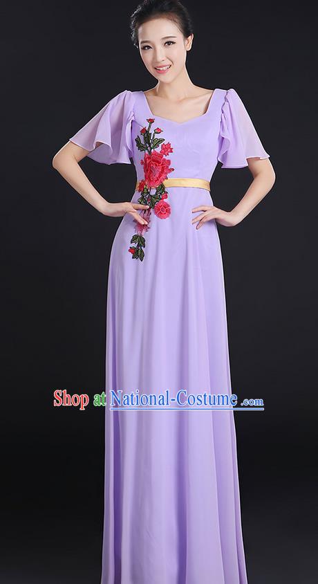 Traditional Chinese Modern Dancing Compere Costume, Women Opening Classic Chorus Singing Group Dance Peony Uniforms, Modern Dance Classic Dance Long Lilac Dress for Women