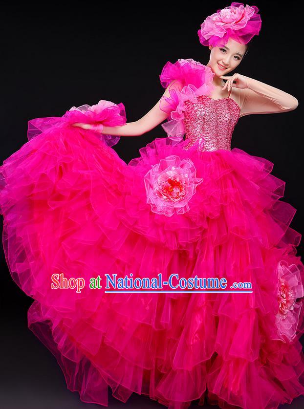 Traditional Chinese Modern Dancing Compere Costume, Women Opening Classic Chorus Singing Group Dance Big Swing Uniforms, Modern Dance Classic Dance Long Bubble Dress for Women