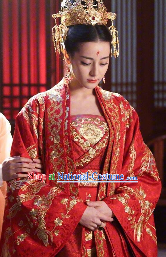 Traditional Ancient Chinese Imperial Consort Wedding Costume, Elegant Hanfu Fairy Red Dress Chinese Tang Dynasty Bride Imperial Concubine Tailing Embroidered Clothing for Women