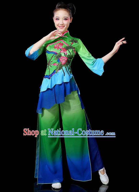 Traditional Chinese Yangge Fan Dancing Costume, Folk Dance Yangko Uniforms, Classic Lotus Dance Elegant Dress Drum Dance Green Clothing for Women