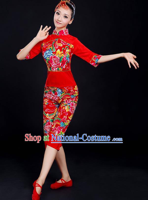 Traditional Chinese Yangge Fan Dancing Costume, Folk Dance Yangko Fairy Uniforms, Classic Dance Elegant Dress Drum Dance Peony Red Clothing for Women