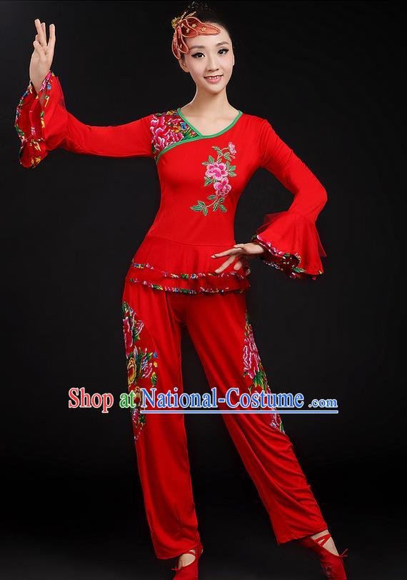 Traditional Chinese Yangge Fan Dancing Costume, Folk Dance Yangko Mandarin Sleeve Uniforms, Classic Dance Elegant Dress Drum Dance Peony Red Clothing for Women