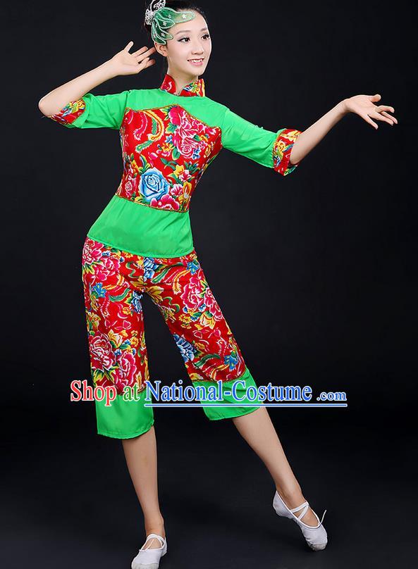 Traditional Chinese Yangge Fan Dancing Costume, Folk Dance Yangko Fairy Uniforms, Classic Dance Elegant Dress Drum Dance Peony Green Clothing for Women