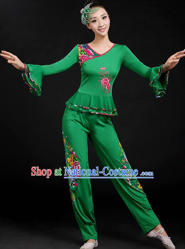 Traditional Chinese Yangge Fan Dancing Costume, Folk Dance Yangko Mandarin Sleeve Uniforms, Classic Dance Elegant Dress Drum Dance Peony Green Clothing for Women