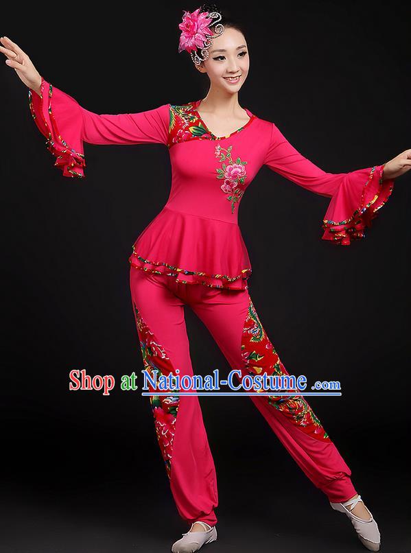 Traditional Chinese Yangge Fan Dancing Costume, Folk Dance Yangko Mandarin Sleeve Uniforms, Classic Dance Elegant Dress Drum Dance Peony Rose Clothing for Women