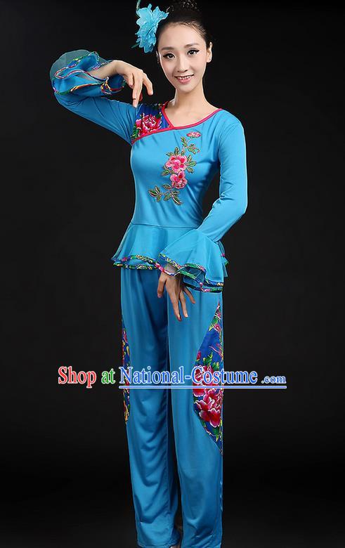 Traditional Chinese Yangge Fan Dancing Costume, Folk Dance Yangko Mandarin Sleeve Uniforms, Classic Dance Elegant Dress Drum Dance Peony Blue Clothing for Women