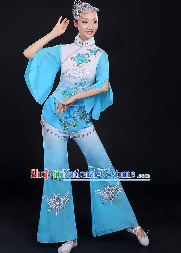 Traditional Chinese Yangge Fan Dancing Costume, Folk Dance Yangko Mandarin Sleeve Paillette Uniforms, Classic Dance Elegant Dress Drum Dance Peony Blue Clothing for Women