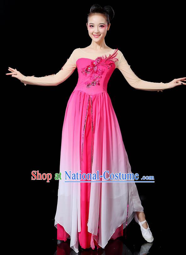 Traditional Chinese Yangge Fan Dancing Costume, Folk Dance Yangko Uniforms, Classic Umbrella Dance Elegant Dress Drum Dance Sequins Phoenix Rose Clothing for Women