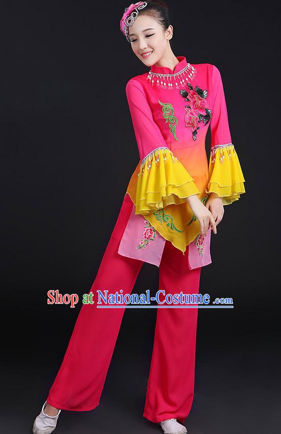 Traditional Chinese Yangge Fan Dancing Costume, Folk Dance Yangko Mandarin Sleeve Uniforms, Classic Umbrella Dance Elegant Dress Drum Dance Sequins Peony Clothing for Women