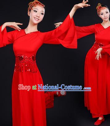 Traditional Chinese Yangge Fan Dancing Costume, Folk Dance Yangko Mandarin Sleeve Paillette Uniforms, Classic Dance Elegant Dress Drum Dance Paillette Red Clothing for Women