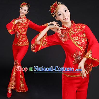 Traditional Chinese Yangge Fan Dancing Costume, Folk Dance Yangko Mandarin Sleeve Paillette Uniforms, Classic Dance Elegant Dress Drum Dance Paillette Red Clothing for Women