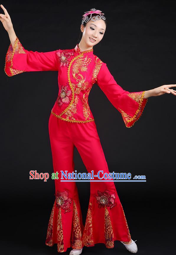 Traditional Chinese Yangge Fan Dancing Costume, Folk Dance Yangko Mandarin Sleeve Paillette Uniforms, Classic Dance Elegant Dress Drum Dance Paillette Rose Clothing for Women