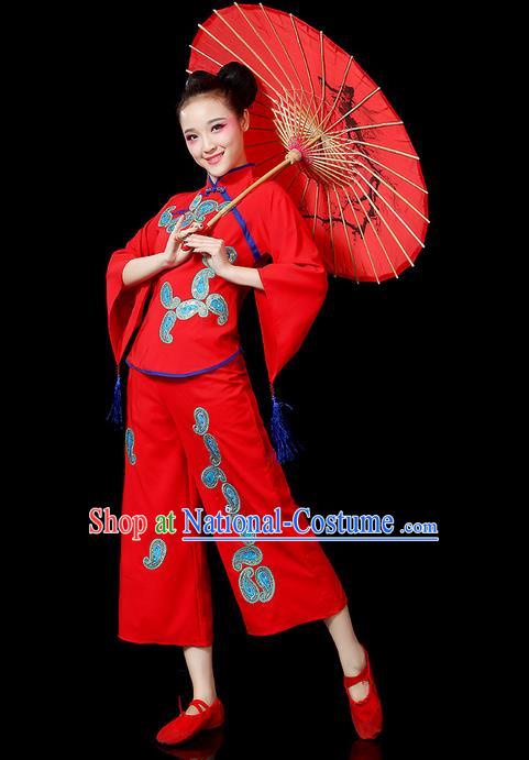 Traditional Chinese Yangge Fan Dancing Costume, Folk Dance Yangko Mandarin Sleeve Uniforms, Classic Dance Elegant Dress Drum Dance Red Clothing for Women