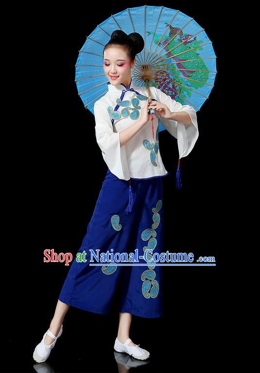 Traditional Chinese Yangge Fan Dancing Costume, Folk Dance Yangko Mandarin Sleeve Uniforms, Classic Dance Elegant Dress Drum Dance Blue Clothing for Women