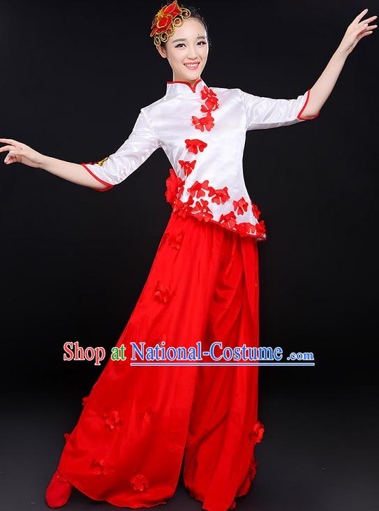 Traditional Chinese Yangge Fan Dancing Costume, Folk Dance Yangko Uniforms, Classic Dance Elegant Dress Drum Dance Red Clothing for Women