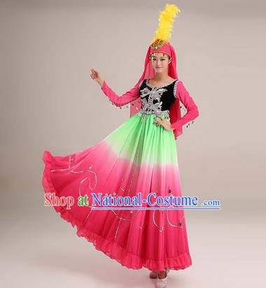 Traditional Chinese Uyghur nationality Dancing Costume, Folk Dance Ethnic Costume, Chinese Minority Nationality Uigurian Dance Big Swing Pink Dress for Women