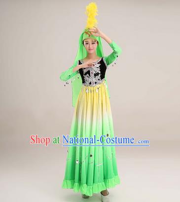 Traditional Chinese Uyghur nationality Dancing Costume, Folk Dance Ethnic Costume, Chinese Minority Nationality Uigurian Dance Big Swing Green Dress for Women