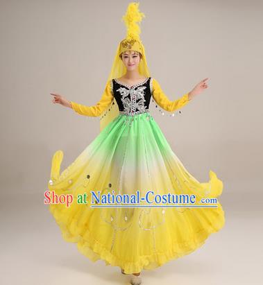 Traditional Chinese Uyghur nationality Dancing Costume, Folk Dance Ethnic Costume, Chinese Minority Nationality Uigurian Dance Big Swing Yellow Dress for Women