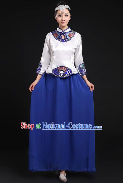 Traditional Chinese Modern Dancing Compere Costume, Women Opening Classic Chorus Singing Group Dance Uniforms, Modern Dance Classic Dance Cheongsam Blue Dress for Women