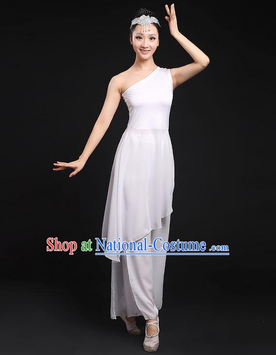 Traditional Chinese Yangge Fan Dancing Costume, Folk Dance Yangko Uniforms, Classic Umbrella Dance Elegant Dress Drum Dance White Clothing for Women