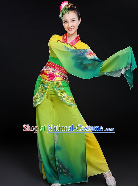 Traditional Chinese Yangge Fan Dancing Costume, Folk Dance Yangko Water Sleeve Uniforms, Classic Umbrella Dance Elegant Dress Drum Dance Green Clothing for Women