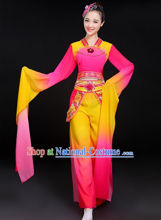 Traditional Chinese Yangge Fan Dancing Costume, Folk Dance Yangko Water Sleeve Uniforms, Classic Umbrella Dance Elegant Dress Drum Dance Pink Clothing for Women