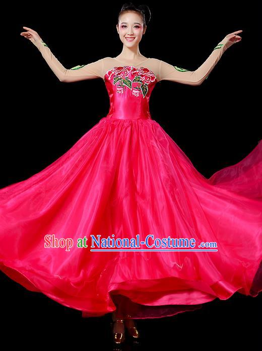 Traditional Chinese Modern Dancing Compere Costume, Women Opening Classic Chorus Singing Group Dance Uniforms, Modern Dance Classic Dance Peony Rose Big Swing Dress for Women