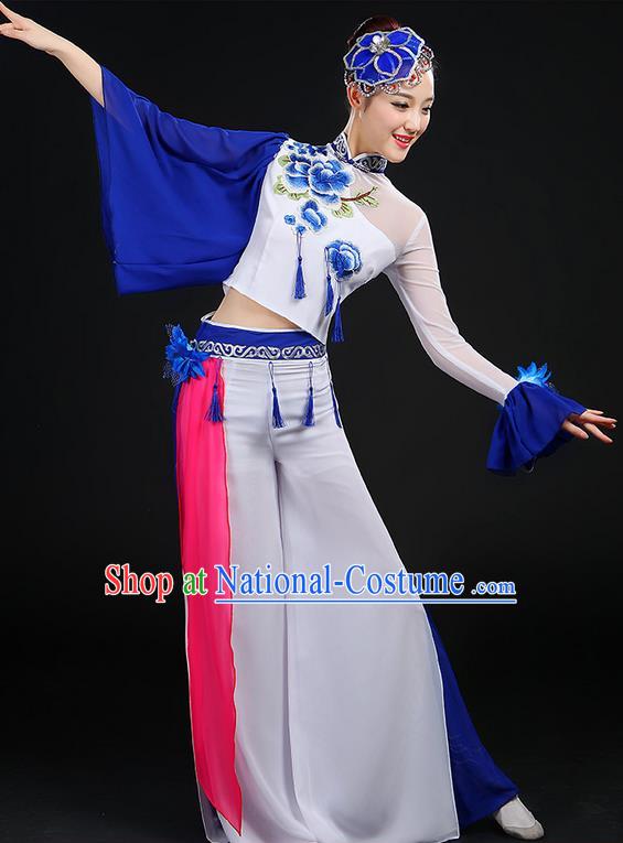 Traditional Chinese Yangge Fan Dancing Costume, Folk Dance Yangko Mandarin Sleeve Blue and White Porcelain Uniforms, Classic Umbrella Dance Elegant Dress Drum Dance Embroidered Peony Clothing for Women