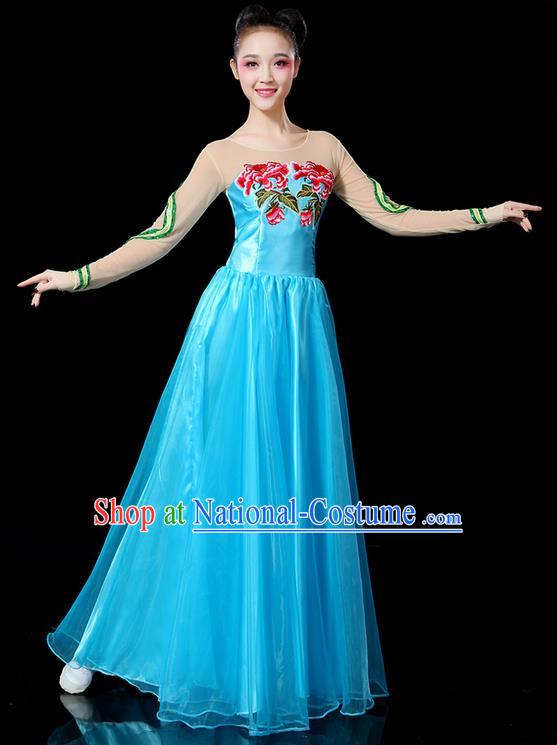 Traditional Chinese Modern Dancing Compere Costume, Women Opening Classic Chorus Singing Group Dance Uniforms, Modern Dance Classic Dance Peony Blue Big Swing Dress for Women