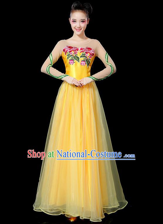 Traditional Chinese Modern Dancing Compere Costume, Women Opening Classic Chorus Singing Group Dance Uniforms, Modern Dance Classic Dance Peony Yellow Big Swing Dress for Women