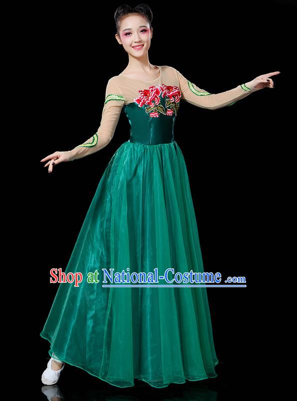 Traditional Chinese Modern Dancing Compere Costume, Women Opening Classic Chorus Singing Group Dance Uniforms, Modern Dance Classic Dance Peony Atrovirens Big Swing Dress for Women