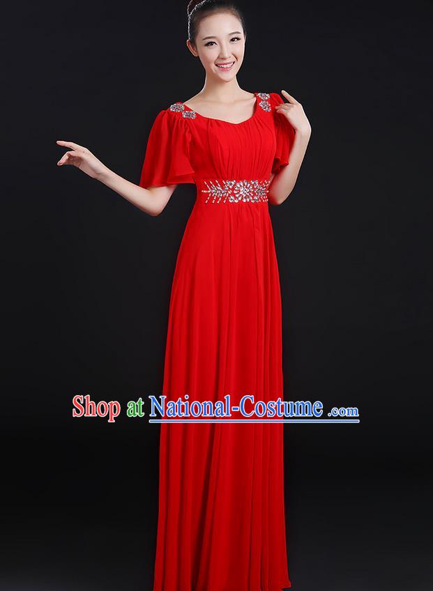 Traditional Chinese Modern Dancing Compere Costume, Women Opening Classic Chorus Singing Group Dance Uniforms, Modern Dance Classic Dance Big Swing Crystal Red Dress for Women