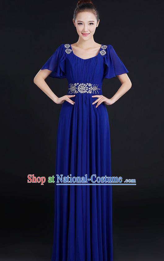 Traditional Chinese Modern Dancing Compere Costume, Women Opening Classic Chorus Singing Group Dance Uniforms, Modern Dance Classic Dance Big Swing Crystal Royalblue Dress for Women