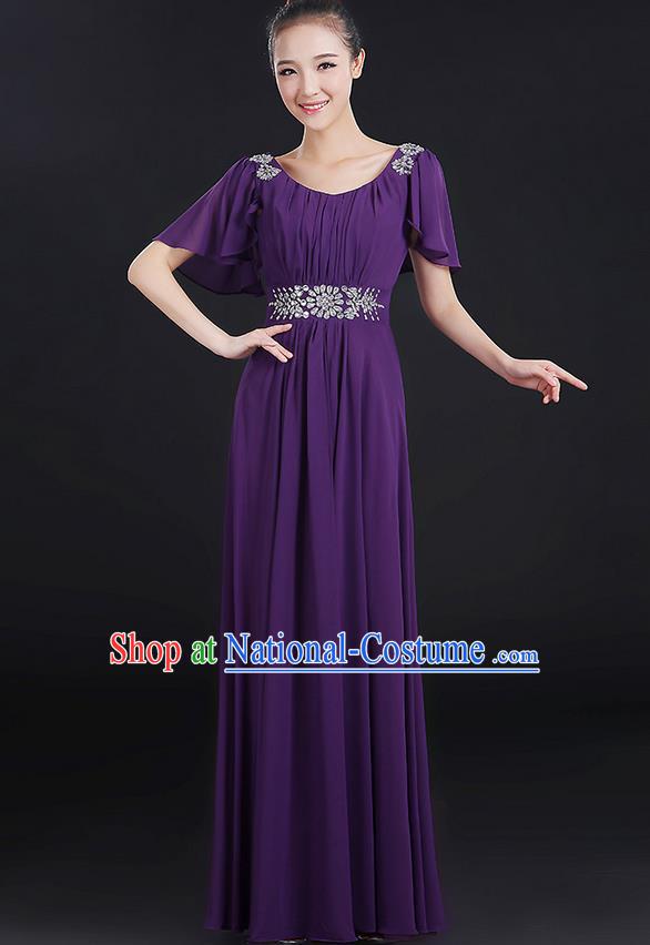 Traditional Chinese Modern Dancing Compere Costume, Women Opening Classic Chorus Singing Group Dance Uniforms, Modern Dance Classic Dance Big Swing Crystal Purple Dress for Women