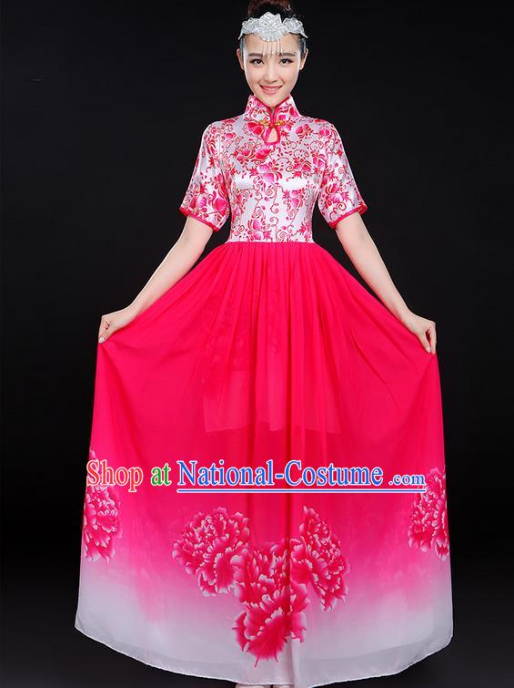 Traditional Chinese Modern Dancing Compere Costume, Women Opening Classic Chorus Singing Group Dance Uniforms, Modern Dance Classic Dance Big Swing Pink Cheongsam Dress for Women