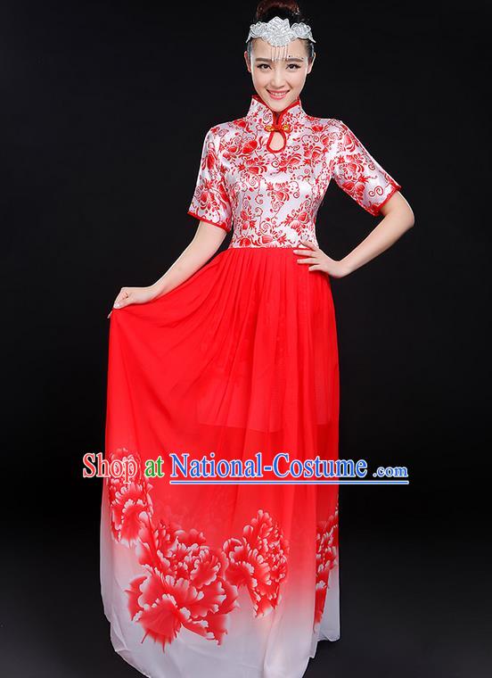 Traditional Chinese Modern Dancing Compere Costume, Women Opening Classic Chorus Singing Group Dance Uniforms, Modern Dance Classic Dance Big Swing Red Cheongsam Dress for Women