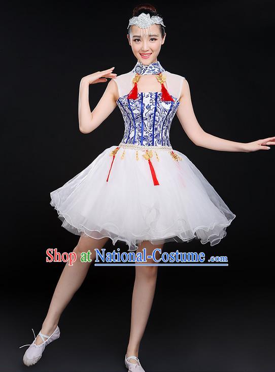 Traditional Chinese Modern Dancing Compere Costume, Women Opening Classic Chorus Singing Group Dance Uniforms, Modern Dance Classic Dance Bubble Cheongsam Short Dress for Women