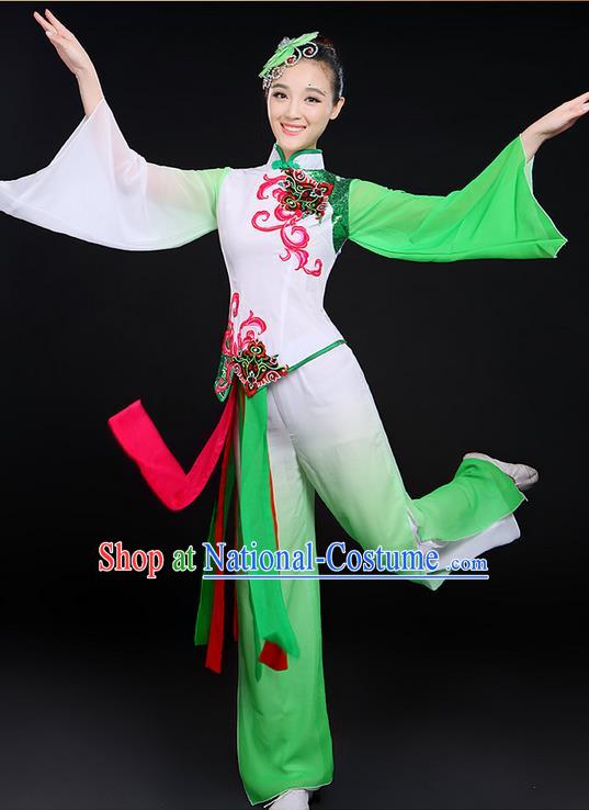 Traditional Chinese Yangge Fan Dancing Costume, Folk Dance Yangko Mandarin Sleeve Uniforms, Classic Umbrella Dance Elegant Dress Drum Dance Paillette Green Clothing for Women