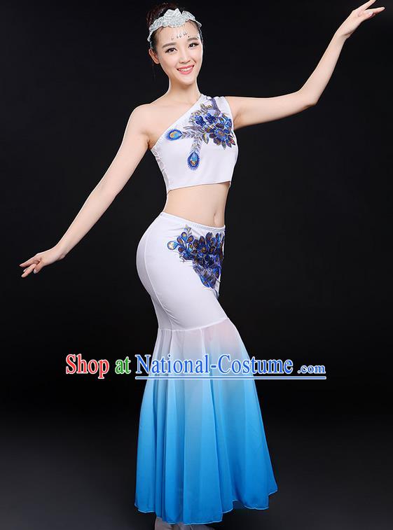 Traditional Chinese Dai Nationality Peacock Dancing Costume, Folk Dance Ethnic Paillette Flowers Fishtail Dress Uniform, Chinese Minority Nationality Dancing White Clothing for Women