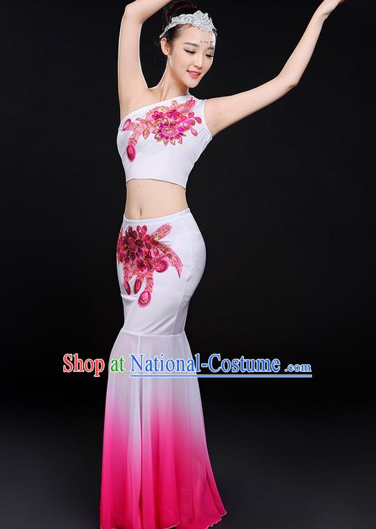 Traditional Chinese Dai Nationality Peacock Dancing Costume, Folk Dance Ethnic Paillette Flowers Fishtail Dress Uniform, Chinese Minority Nationality Dancing Pink Clothing for Women