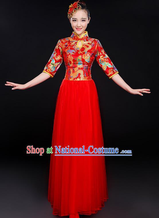 Traditional Chinese Modern Dancing Compere Costume, Women Opening Classic Chorus Singing Group Dance Bubble Uniforms, Modern Dance Classic Dance Big Swing Red Cheongsam Dress for Women