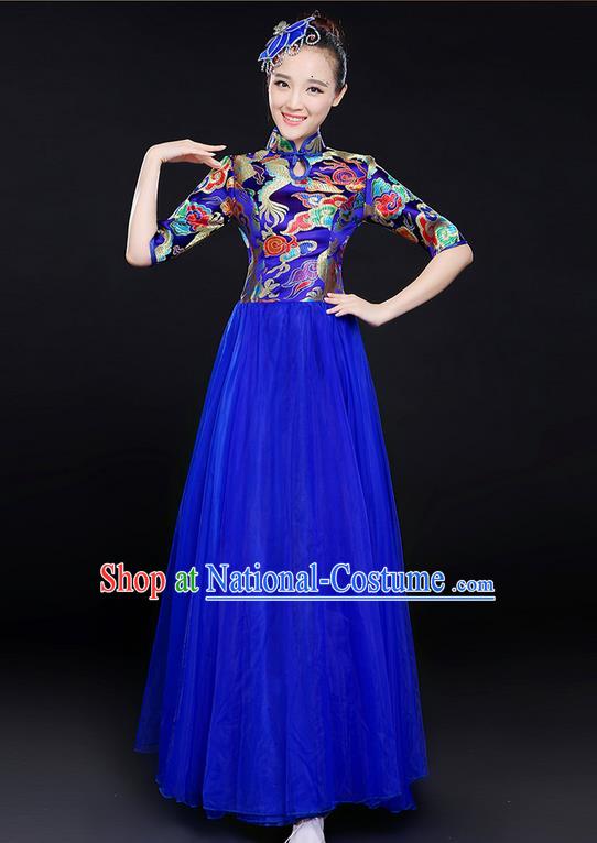 Traditional Chinese Modern Dancing Compere Costume, Women Opening Classic Chorus Singing Group Dance Bubble Uniforms, Modern Dance Classic Dance Big Swing Blue Cheongsam Dress for Women